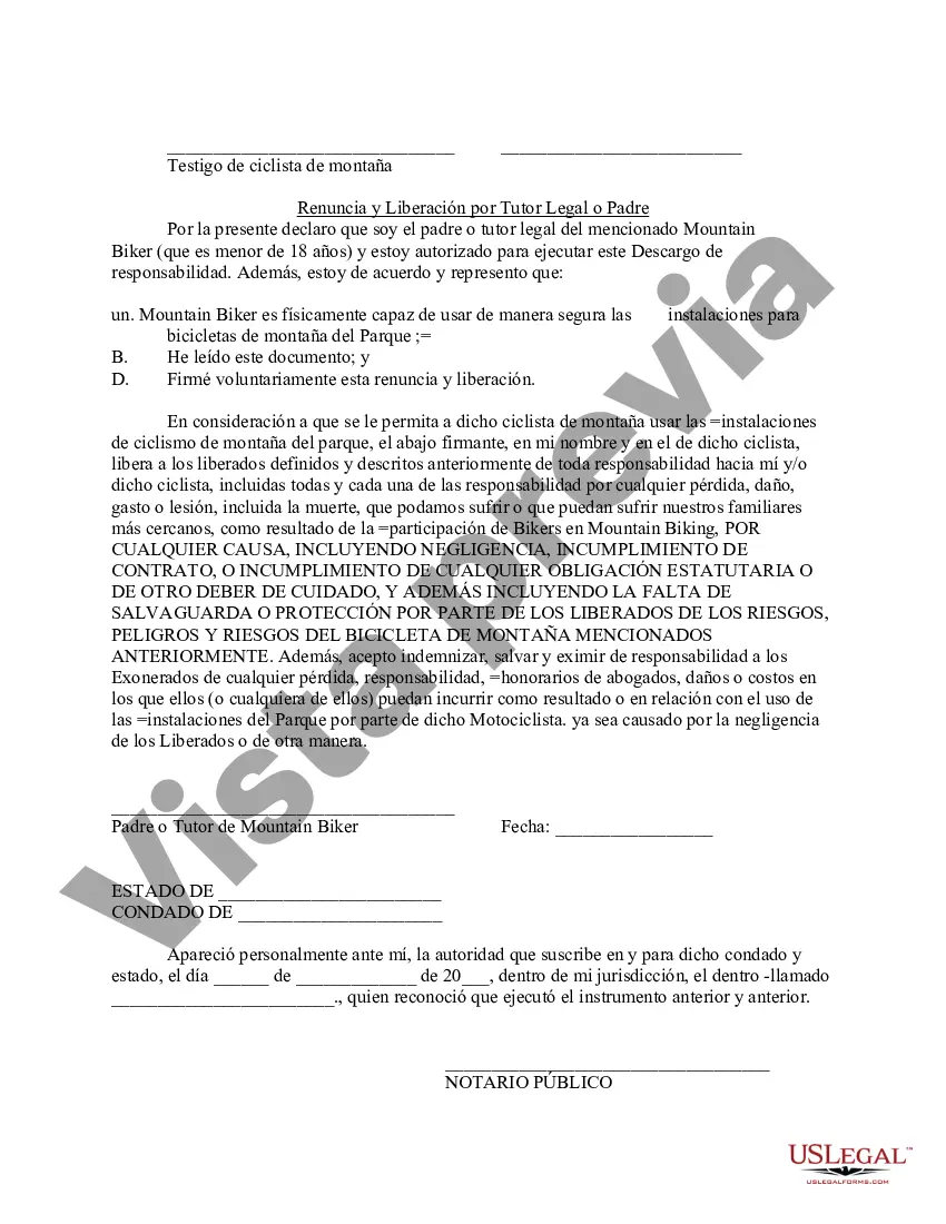 Preview Liberación de responsabilidad, exención de reclamos por lesiones personales, asunción de riesgo y acuerdo de indemnización con respecto al ciclismo de montaña en el parque