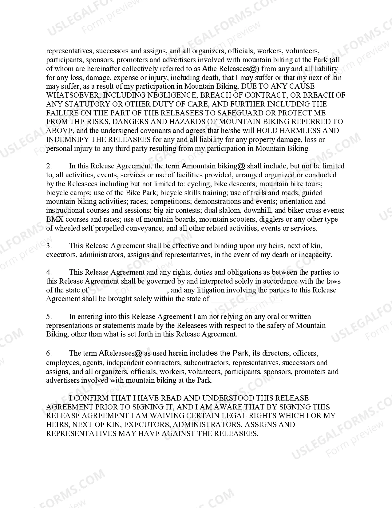 Preview Release of Liability, Personal Injury Waiver of Claims, Assumption of Risk and Indemnity Agreement with Regard to Mountain Biking in Park