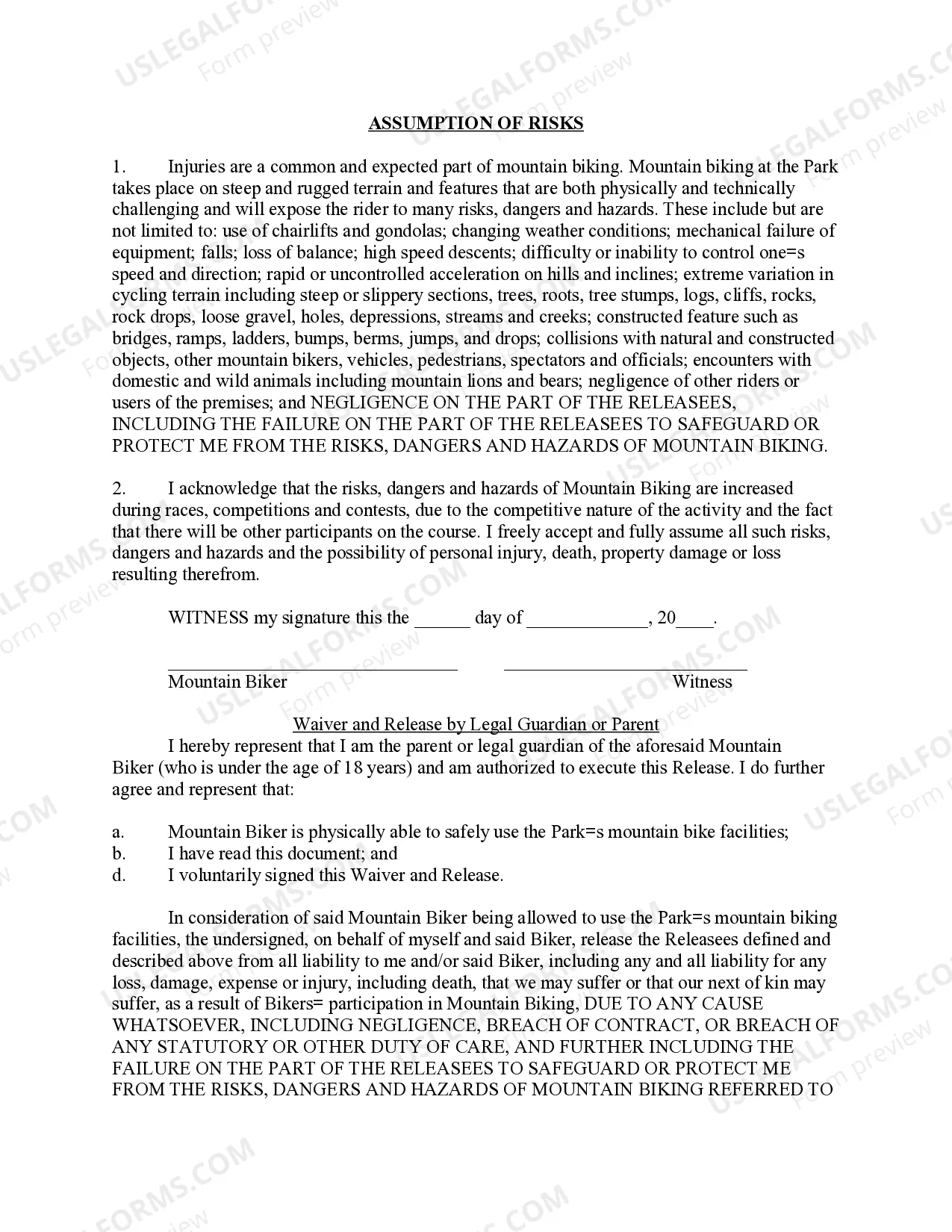 Preview Release of Liability, Personal Injury Waiver of Claims, Assumption of Risk and Indemnity Agreement with Regard to Mountain Biking in Park