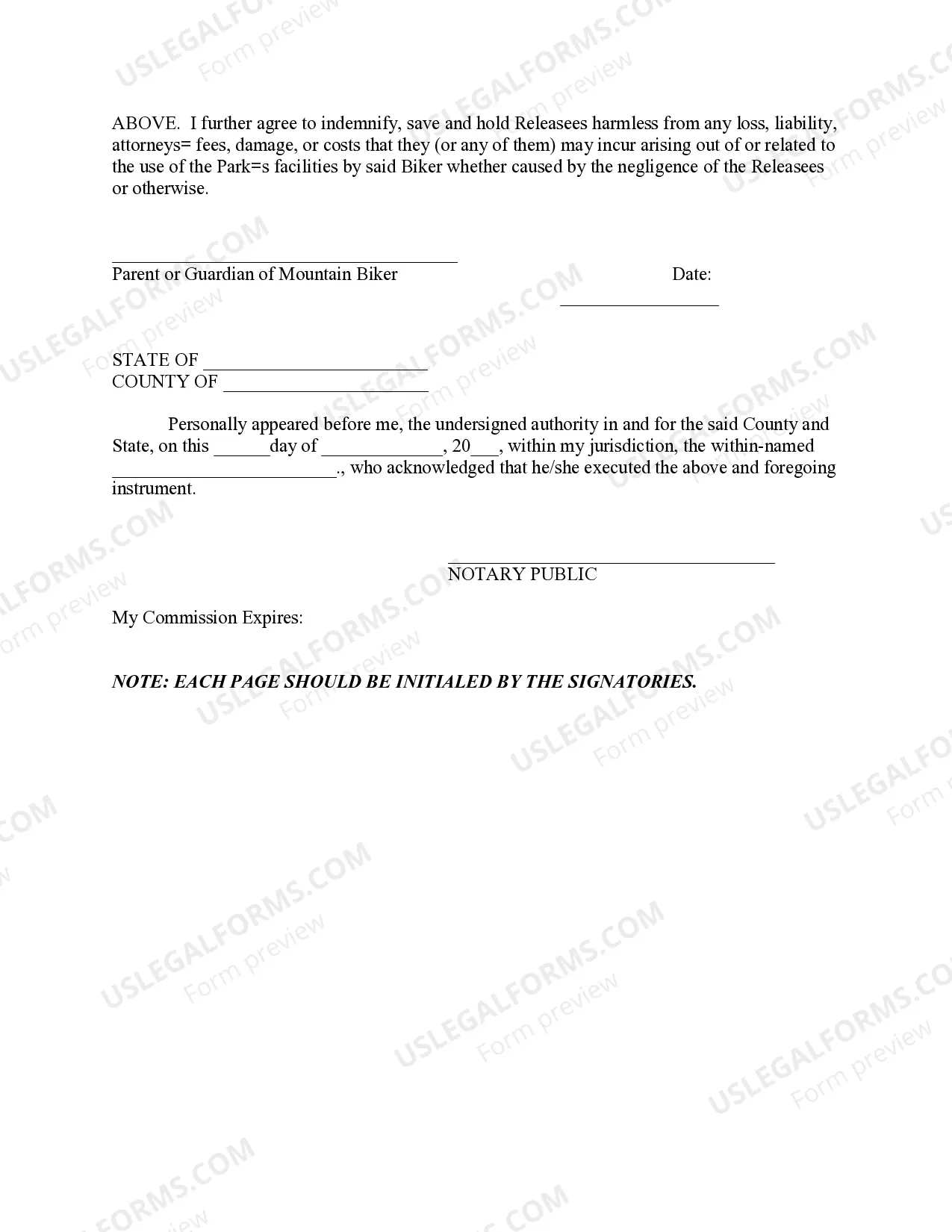 Preview Release of Liability, Personal Injury Waiver of Claims, Assumption of Risk and Indemnity Agreement with Regard to Mountain Biking in Park