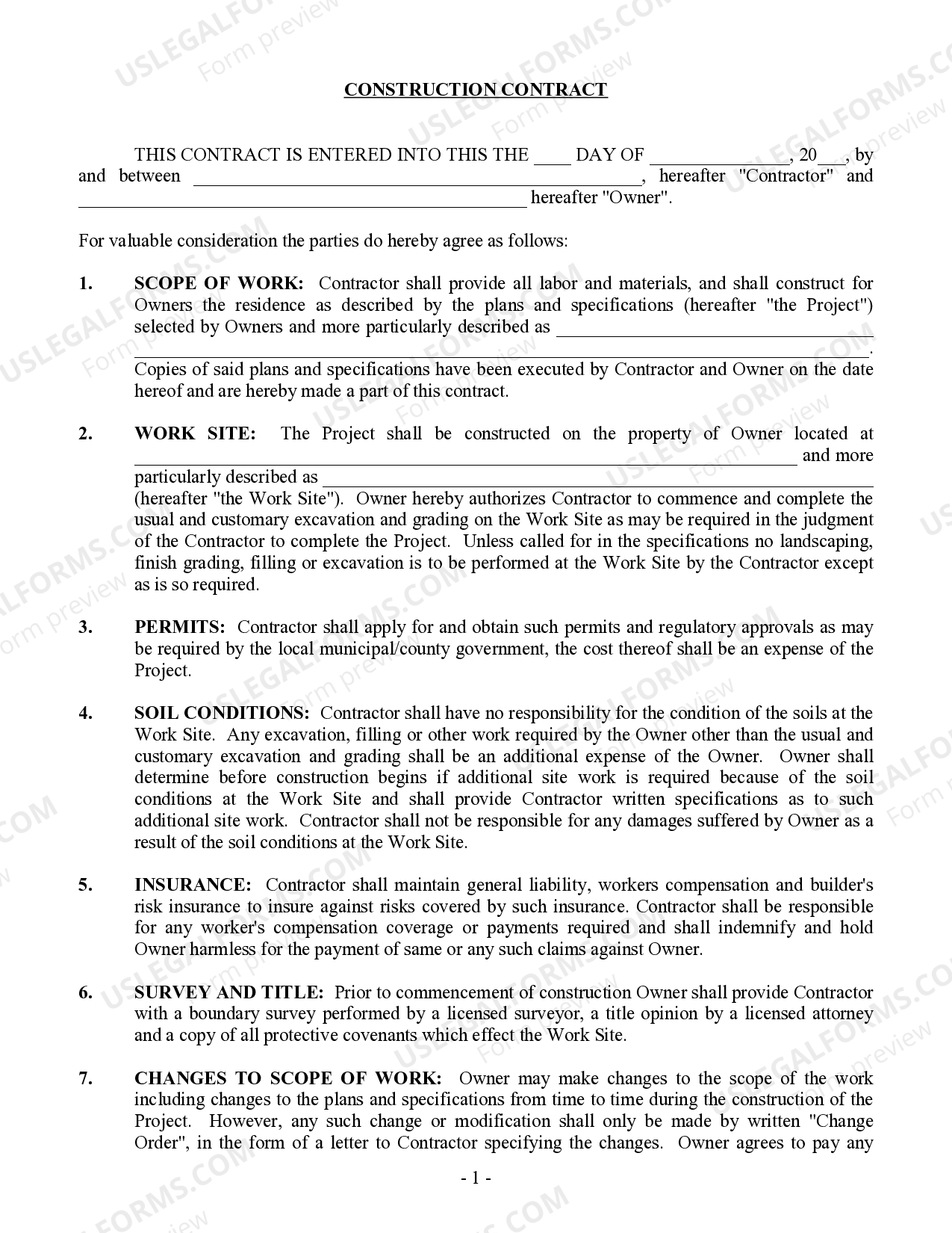 Kentucky Construction Contract for Homeowner Residential Construction