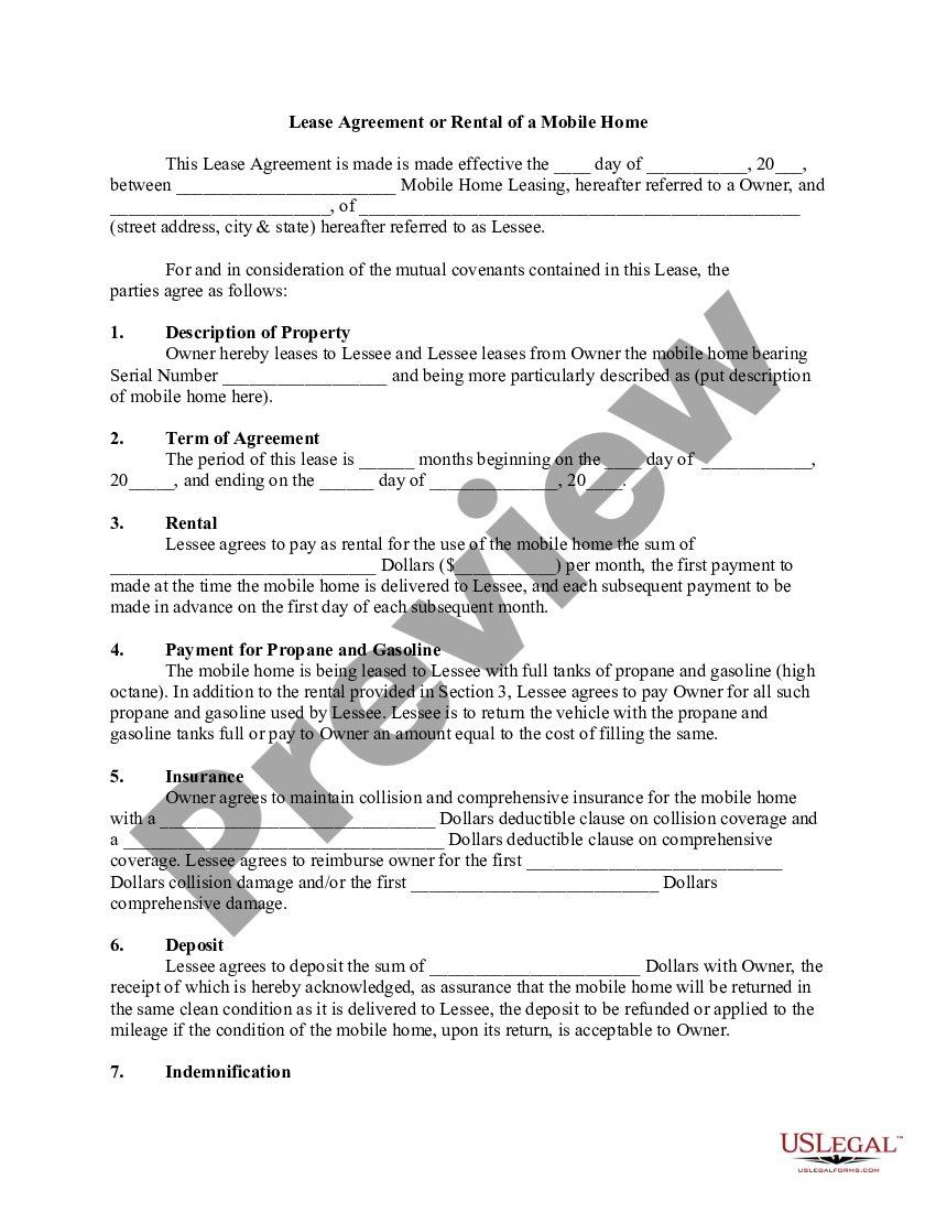 Lease agreement or rental of a mobile home us legal forms