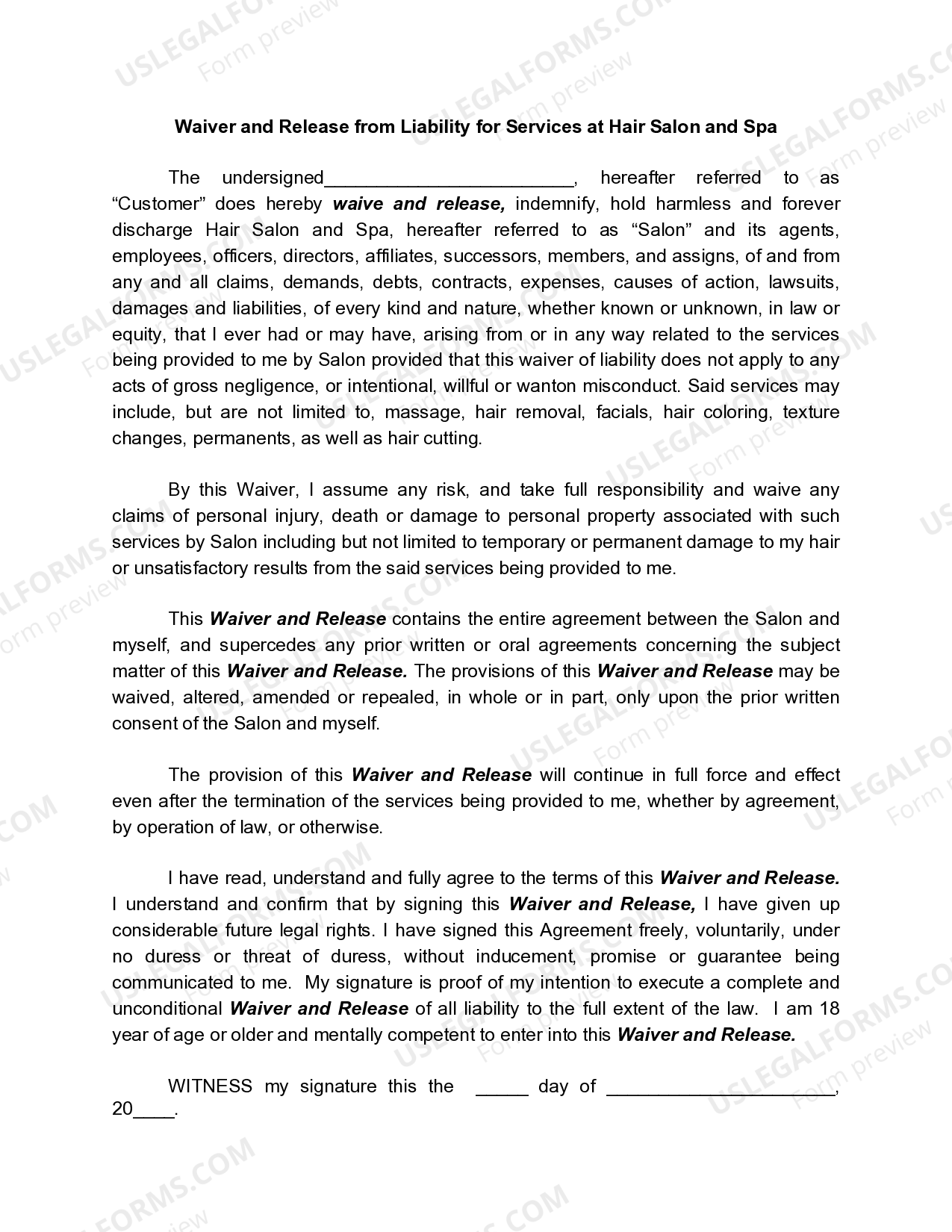 District of Columbia Waiver and Release from Liability for Services at