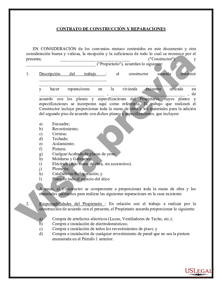 Palm Beach Florida Contrato De Construcción Para Reparaciones Us Legal Forms 1288