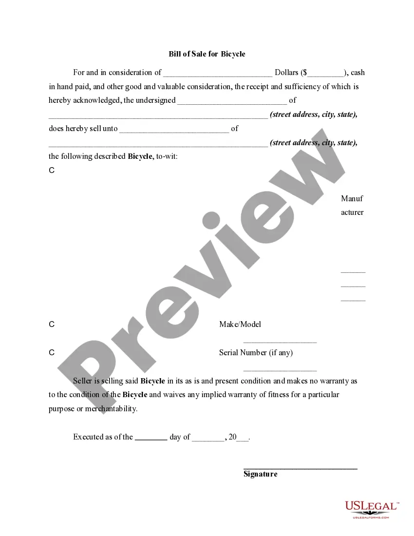Preview Bill of Sale for Bicycle