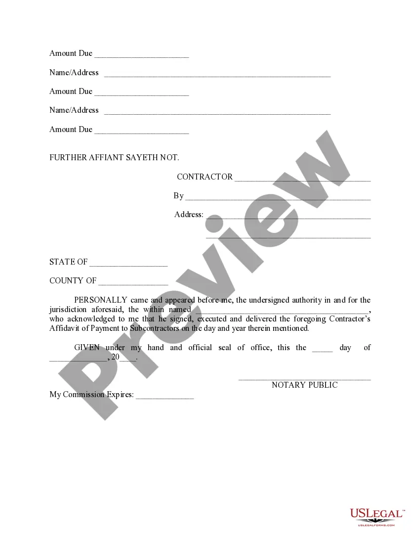 Get Contractor's Affidavit of Payment to Subs Preview Contractor's Affidavit of Payment to Subs