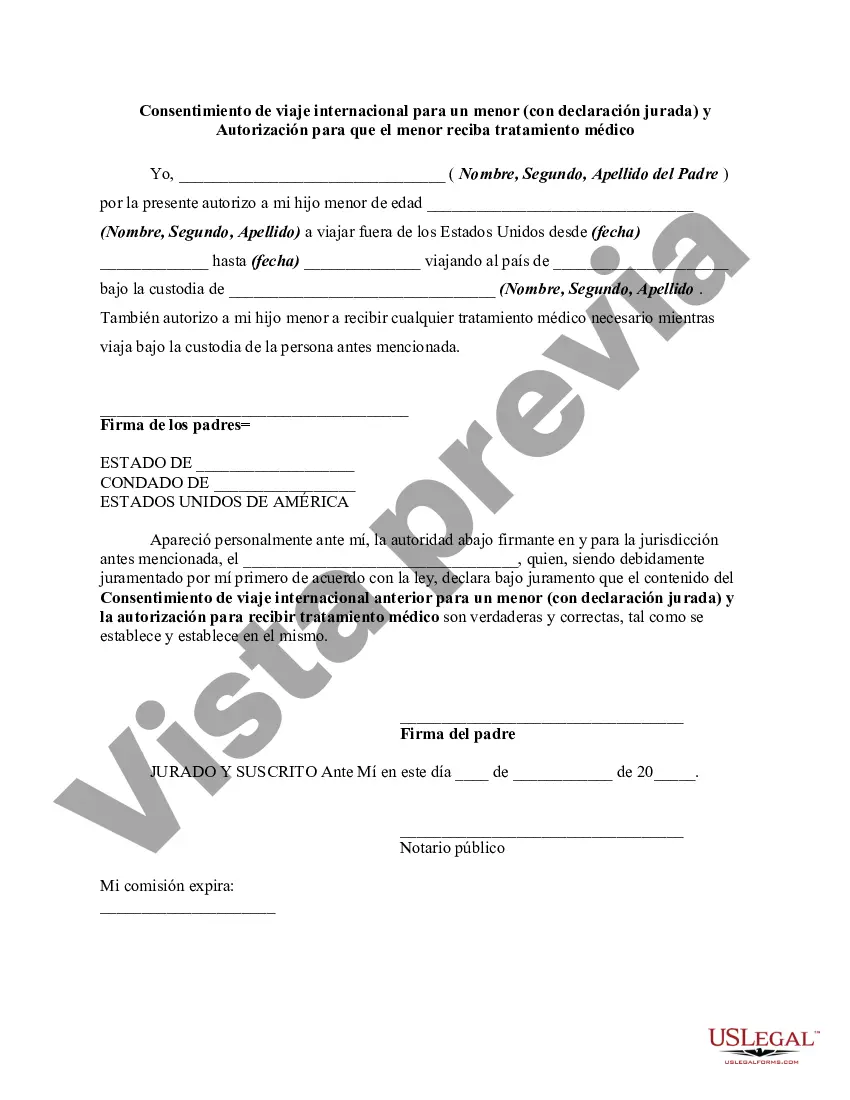 Preview Consentimiento de viaje internacional para un menor con declaración jurada y autorización para que el menor reciba tratamiento médico - Consentimiento del paciente