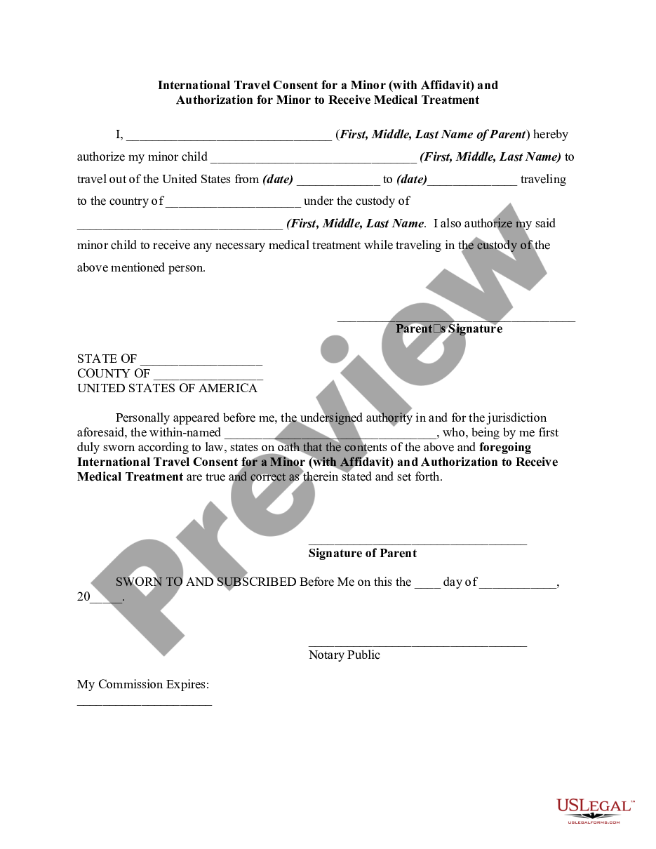 form International Travel Consent for a Minor with Affidavit and Authorization for Minor to Receive Medical Treatment - Patient Consent preview
