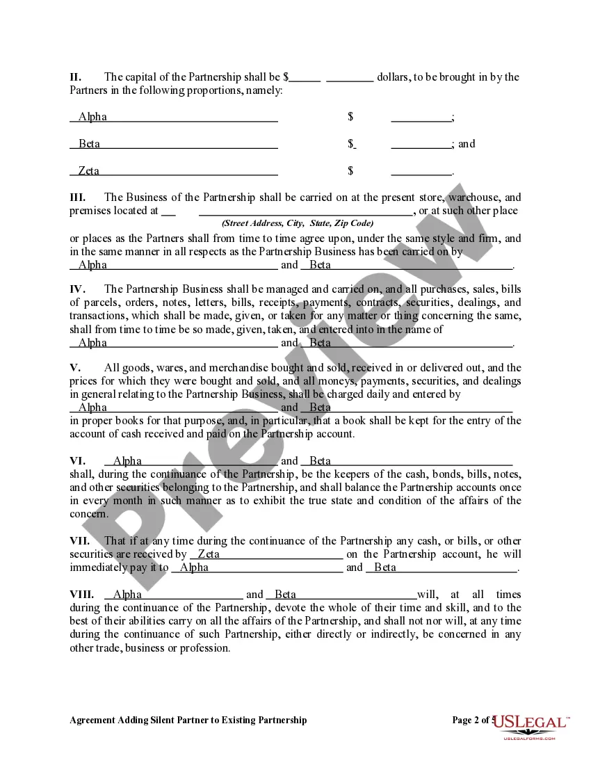 Get Agreement Adding Silent Partner to Existing Partnership Preview Agreement Adding Silent Partner to Existing Partnership