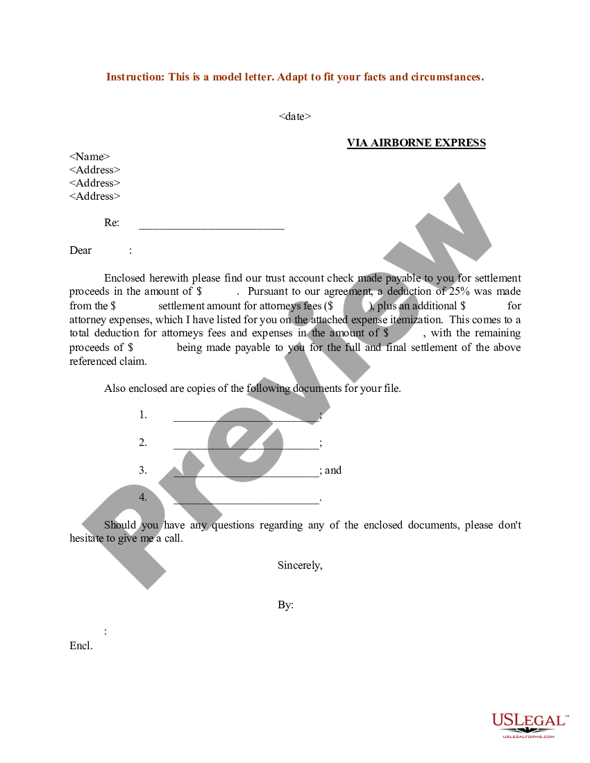 Sample Letter For Explanation Of Attorneys Fees And Settlement Payment ...