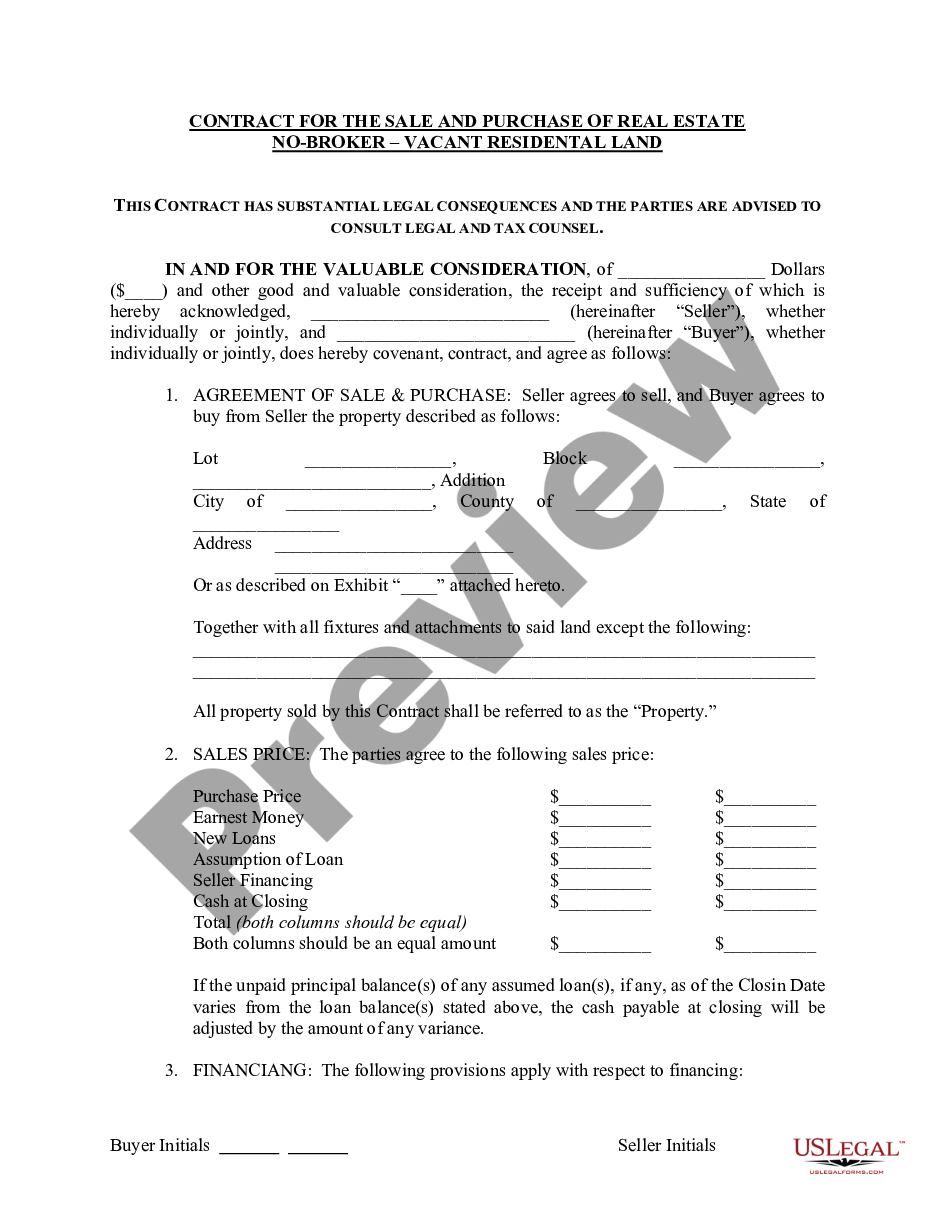 page 0 Contract for the Sale and Purchase of Real Estate - No Broker - Residential Lot or Land preview