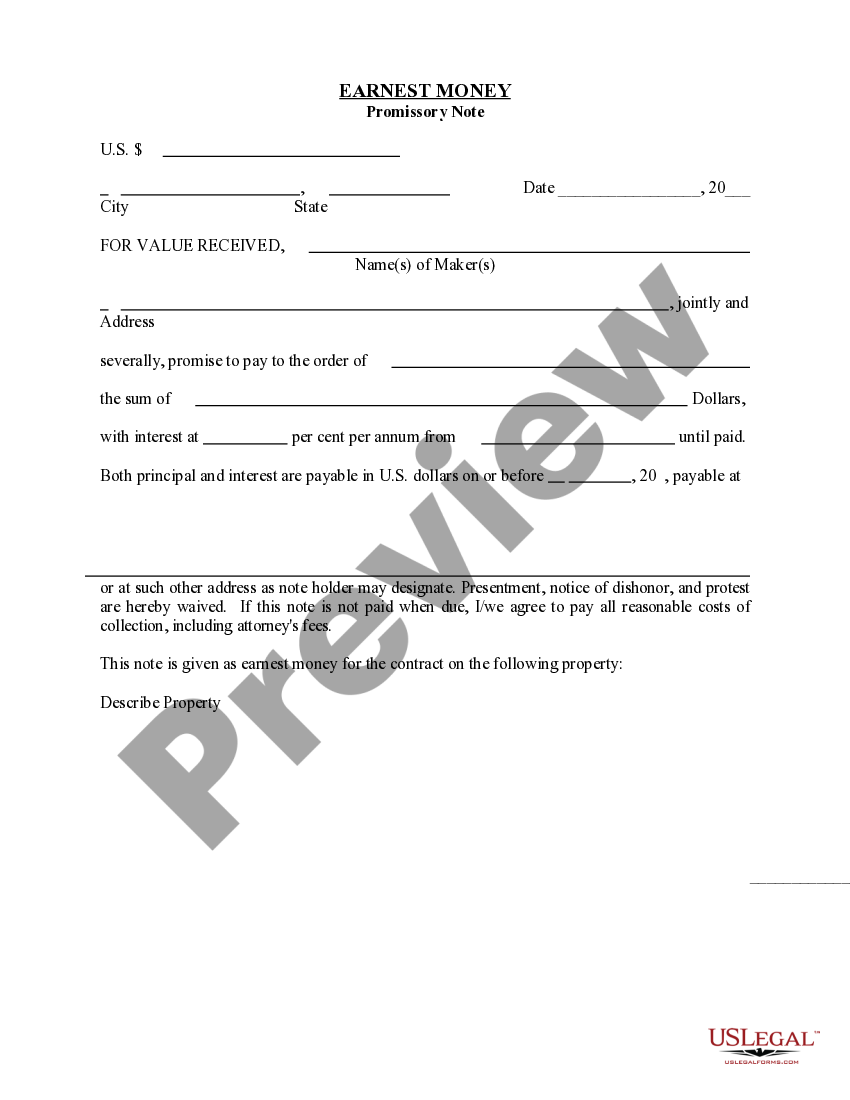 Missouri Earnest Money Promissory Note Earnest Money Form Agreement