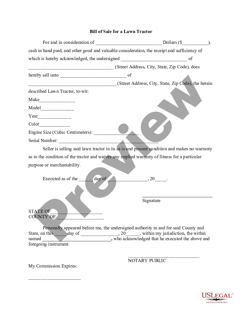 Washington Bill Of Sale For A Lawn Tractor Bill Sale For Form Us Legal Forms 8177