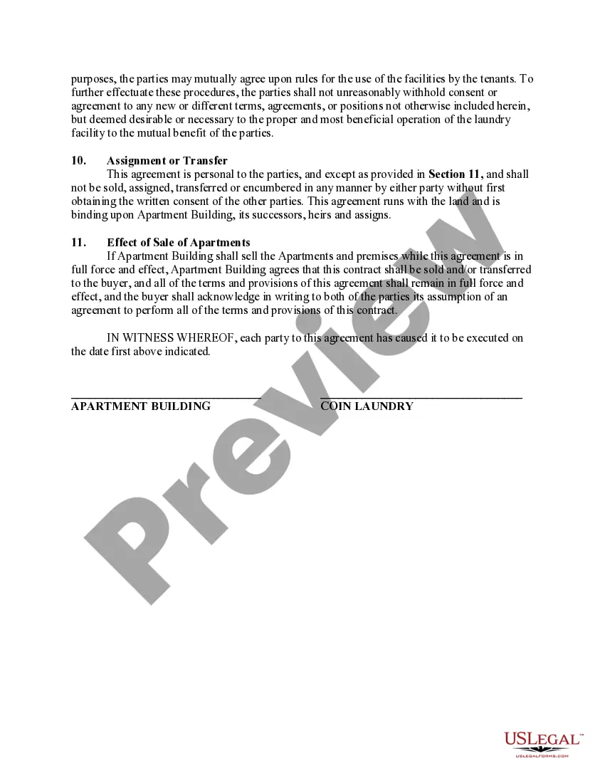 Get Agreement Granting Exclusive Right to Install, Operate and Maintain Coin-Operated Laundry in Apartment Building Preview Agreement Granting Exclusive Right to Install, Operate and Maintain Coin-Operated Laundry in Apartment Building