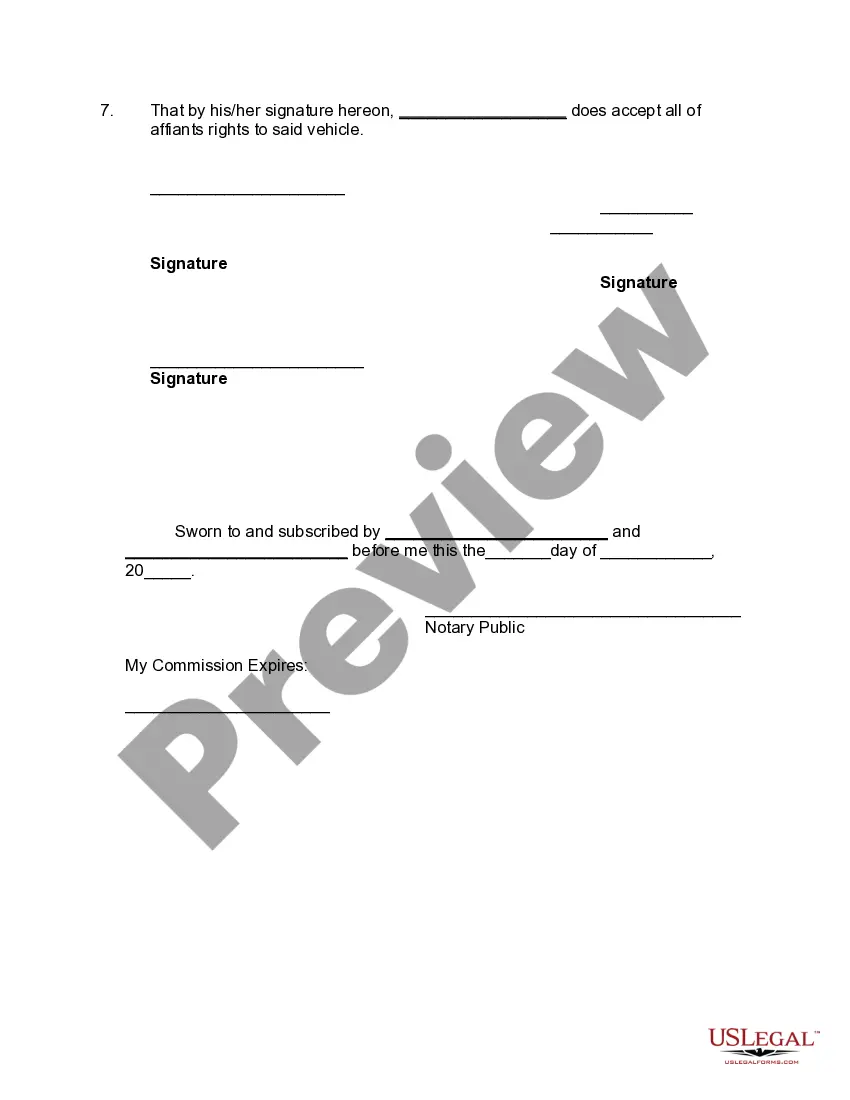 Preview Affidavit by Heirs regarding Agreement as to who shall Inherit Motor Vehicle - To Obtain Transfer of Title