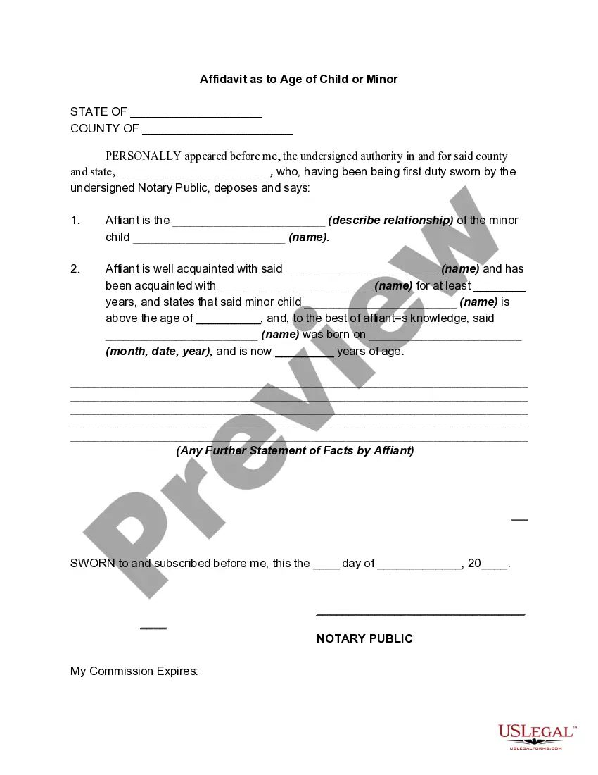 Preview Affidavit as to Age of Child or Minor