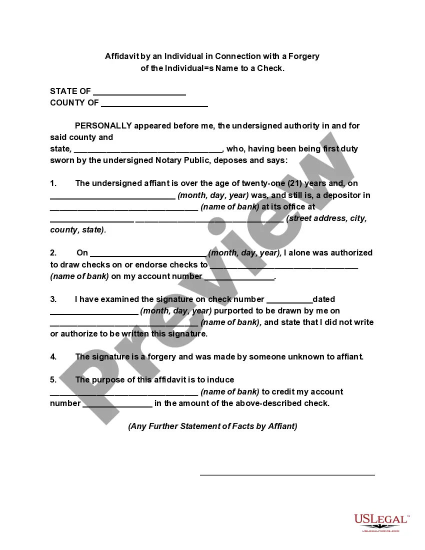 Preview Affidavit by an Individual in Connection with a Forgery of the Individual's Name to a Check
