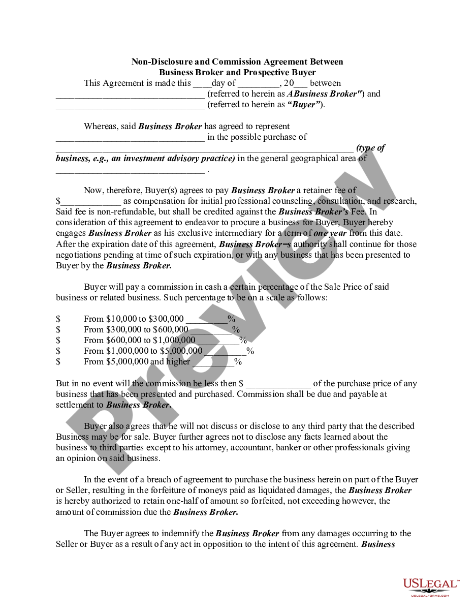 page 0 Nondisclosure and Commission Agreement Between Business Broker and Prospective Buyer preview