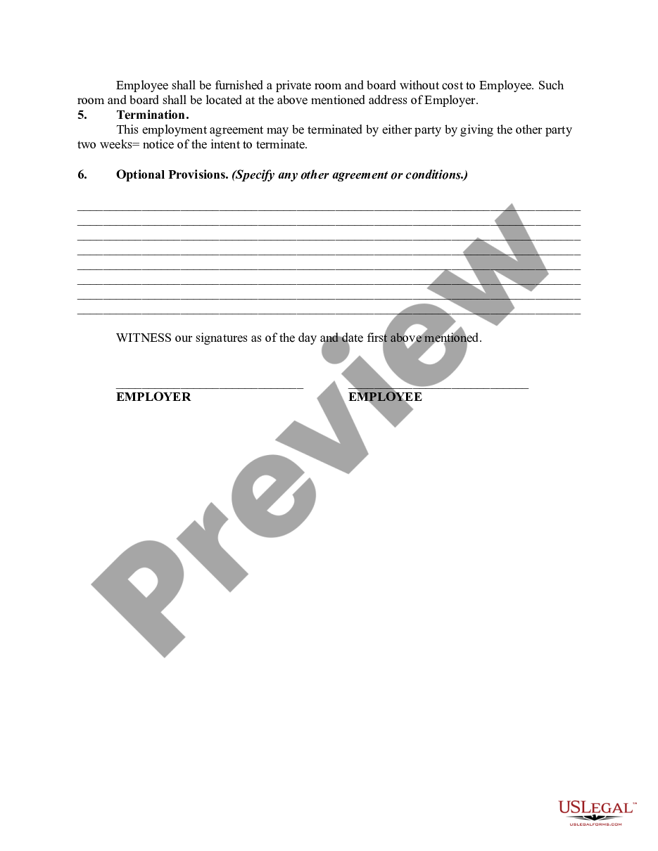 page 1 Contract or Agreement of Employment with Domestic Service Worker Who Lives and Works on the Premises preview