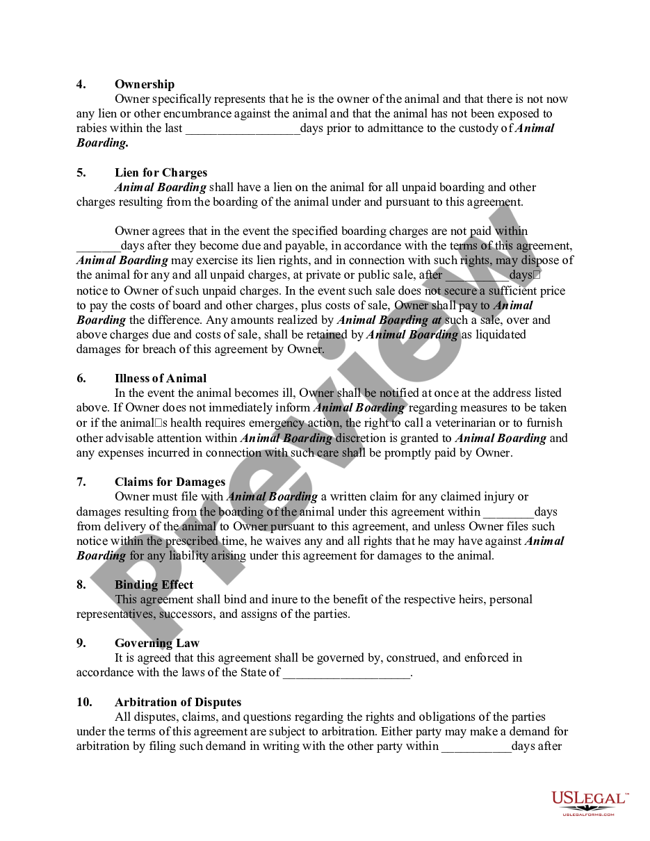 page 1 Agreement to Board Animals - Boarding preview