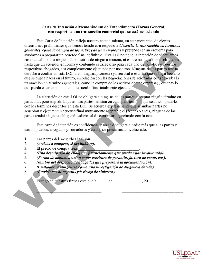 Preview Carta de Intención o Memorándum de Entendimiento - Formulario General con respecto a una Transacción Comercial que se Negocia
