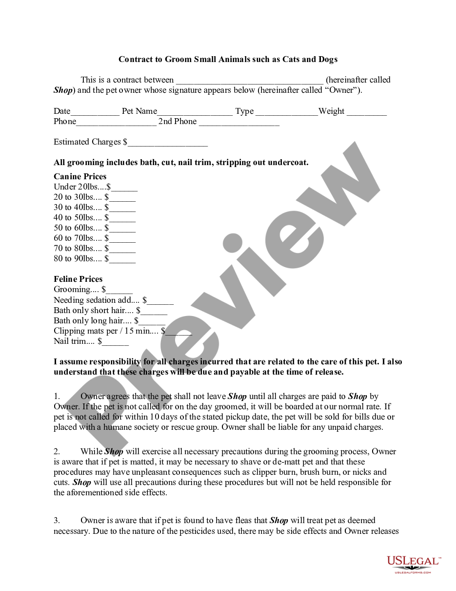 page 0 Contract to Groom Small Animals such as Cats and Dogs preview