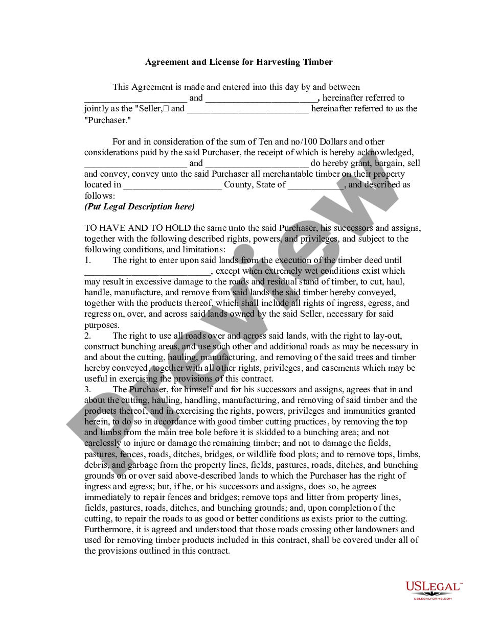 page 0 Agreement and License for Harvesting Timber preview