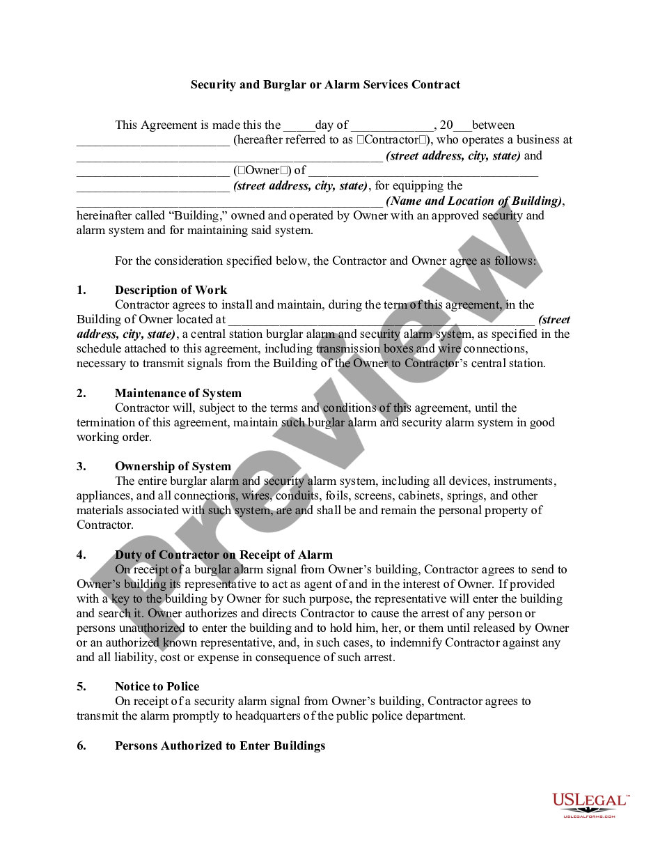 page 0 Security and Burglar or Alarm Services Contract preview