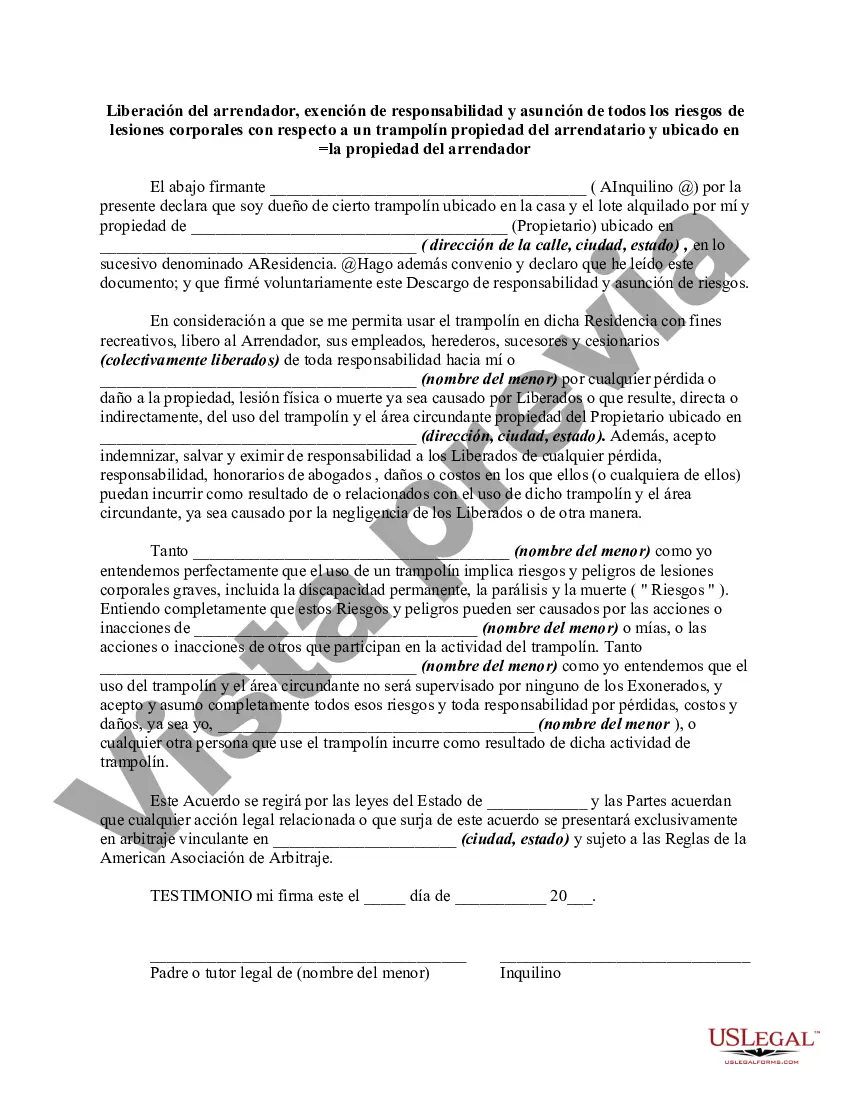 Preview Liberación del arrendador, exención de responsabilidad y asunción de todos los riesgos de lesiones corporales personales con respecto a un trampolín propiedad del arrendatario y ubicado en la propiedad del arrendador