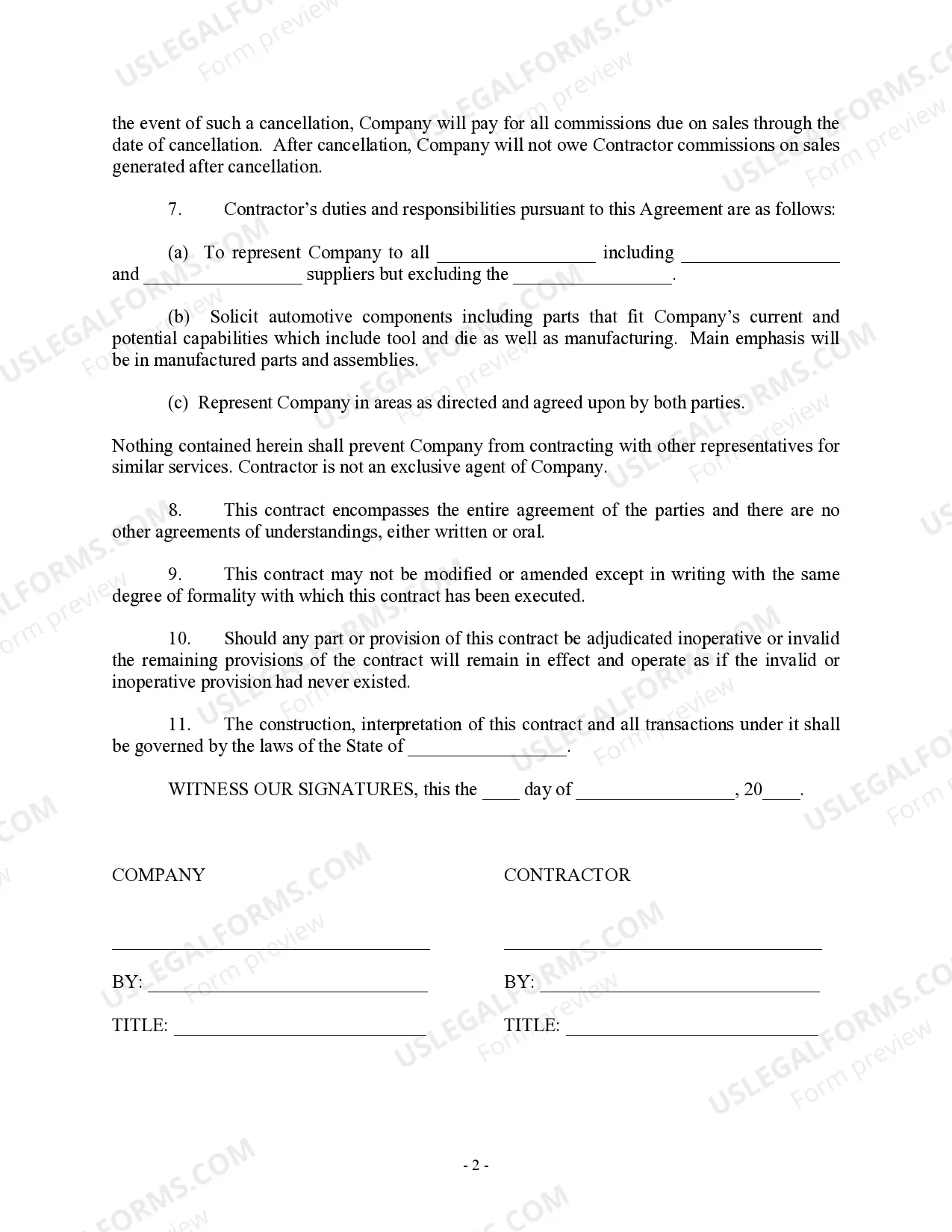 Preview Employment Agreement - Percentage of Sales - Self-Employed Independent Contractor