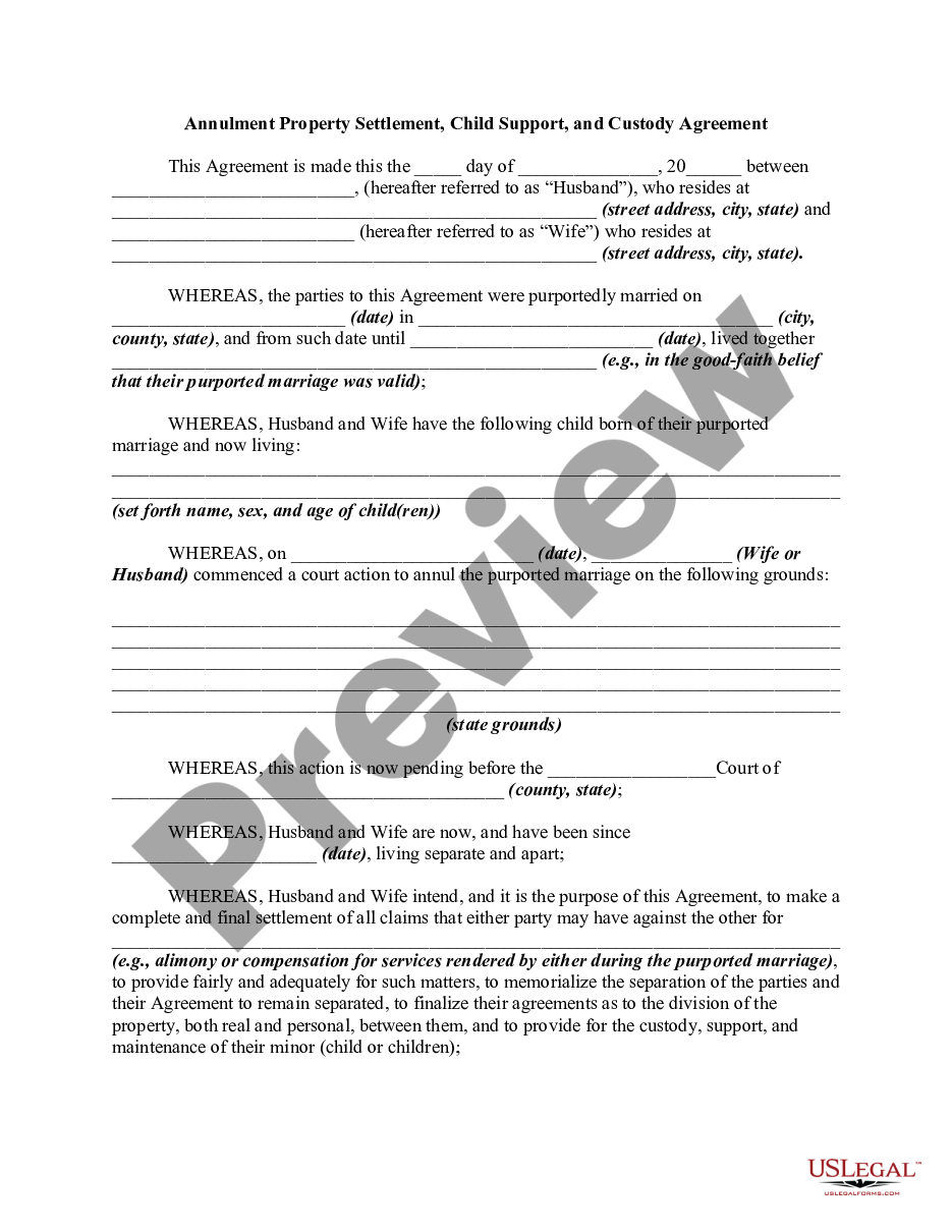 page 0 Annulment Property Settlement, Child Support, and Custody Agreement preview