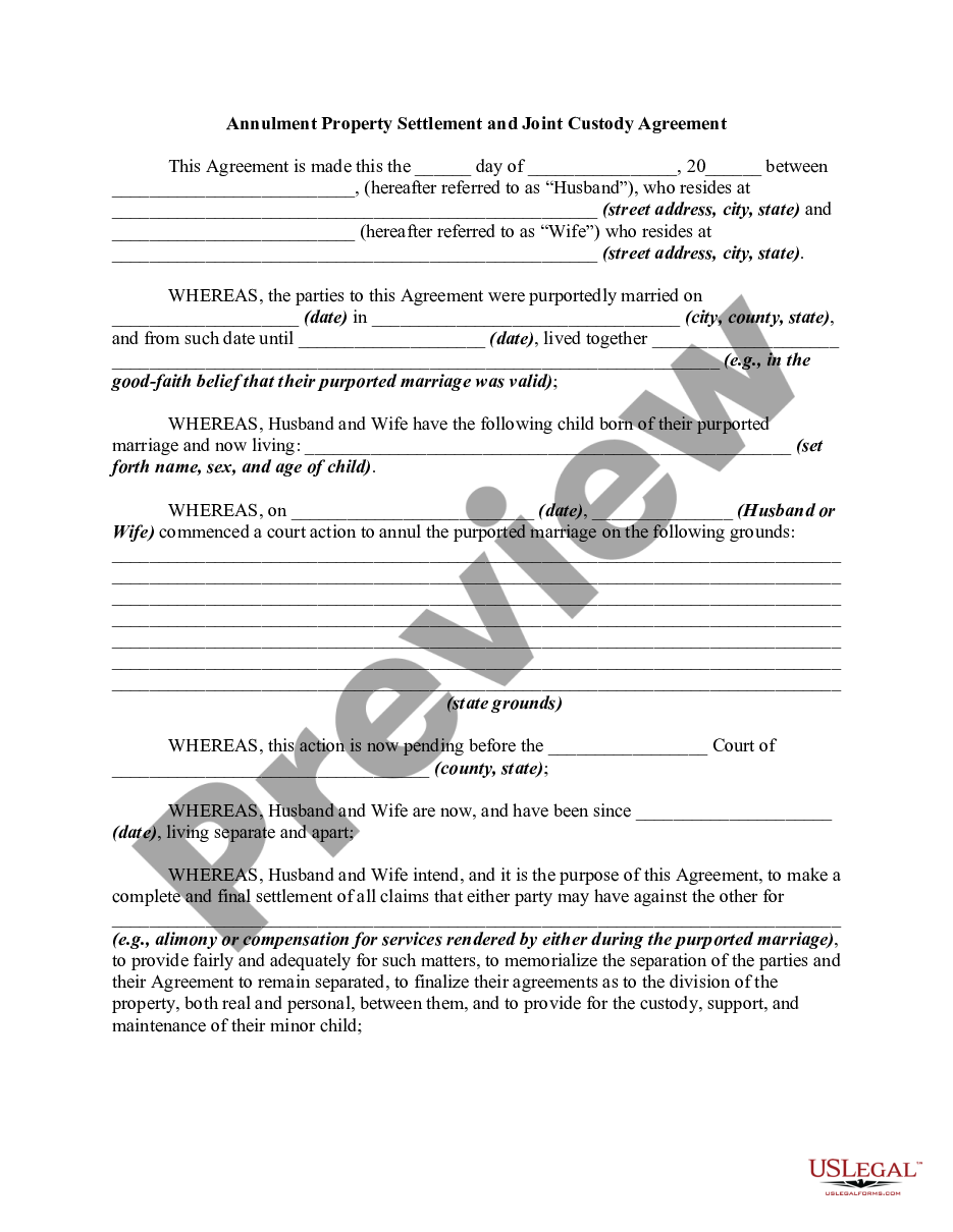 page 0 Annulment Property Settlement and Joint Custody Agreement preview