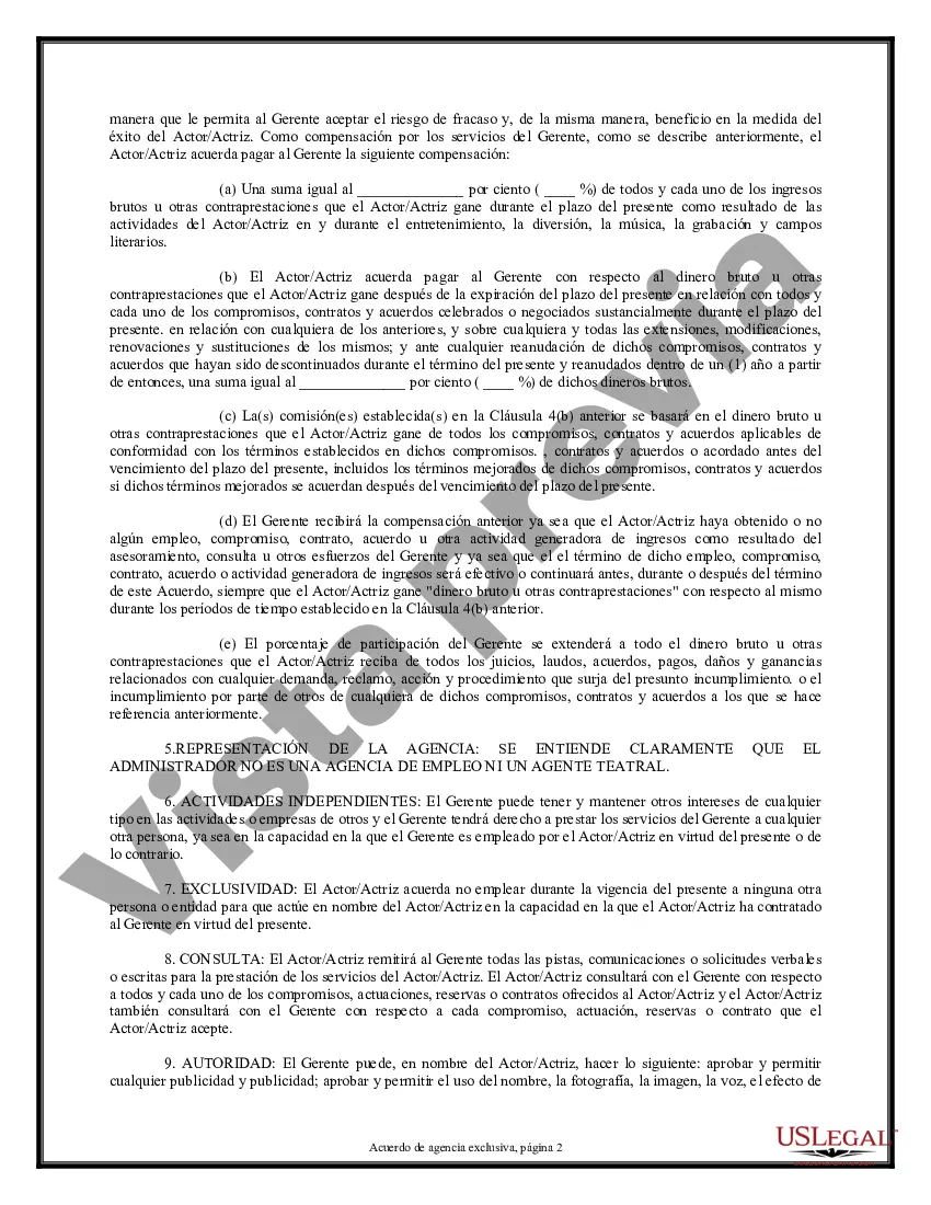 Preview Acuerdo exclusivo de agencia o agente - Actor