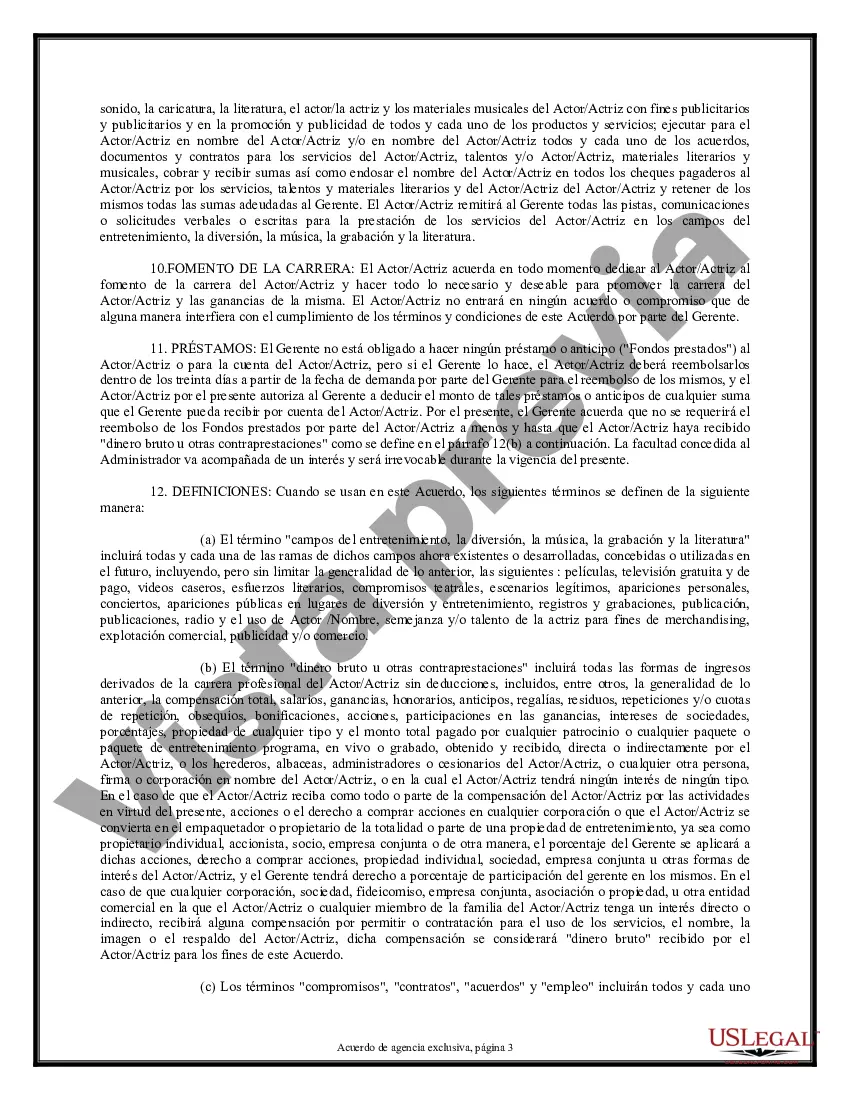 Preview Acuerdo exclusivo de agencia o agente - Actor