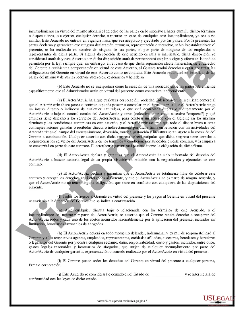 Preview Acuerdo exclusivo de agencia o agente - Actor