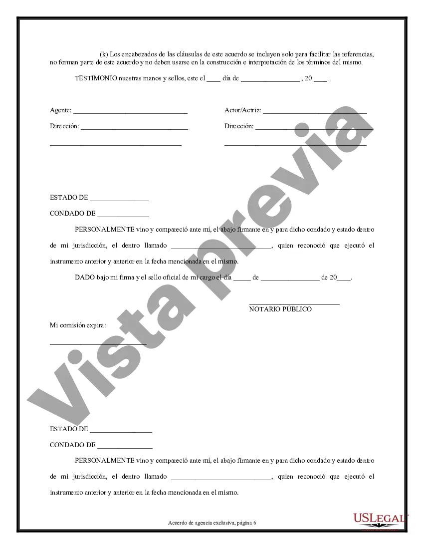 Preview Acuerdo exclusivo de agencia o agente - Actor