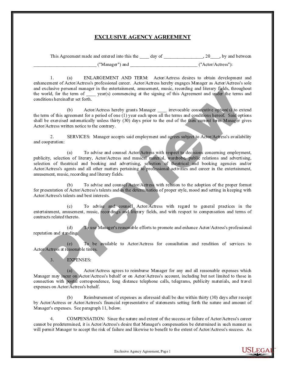 page 0 Exclusive Agency or Agent Agreement - Actor preview