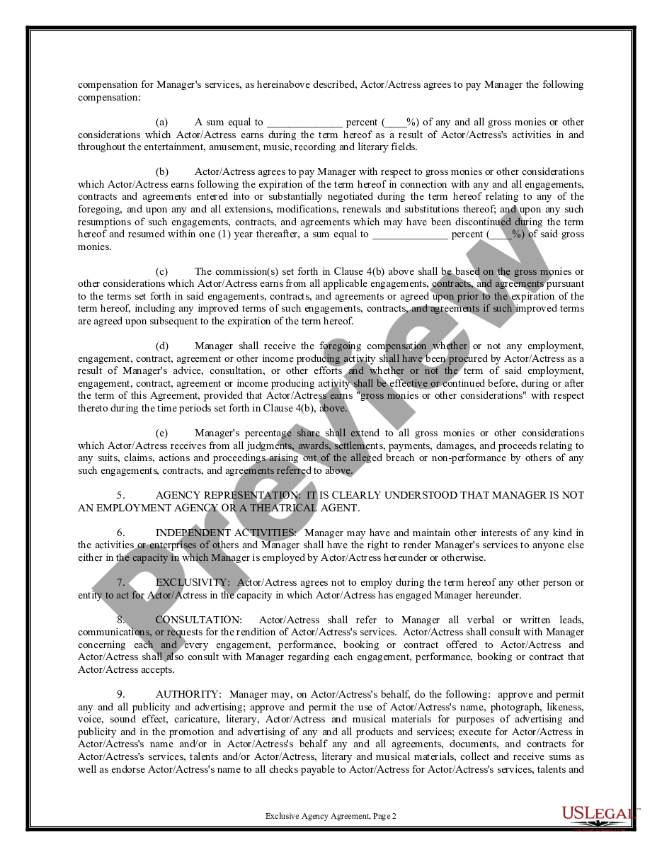 page 1 Exclusive Agency or Agent Agreement - Actor preview