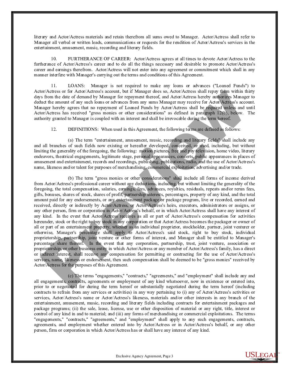 page 2 Exclusive Agency or Agent Agreement - Actor preview