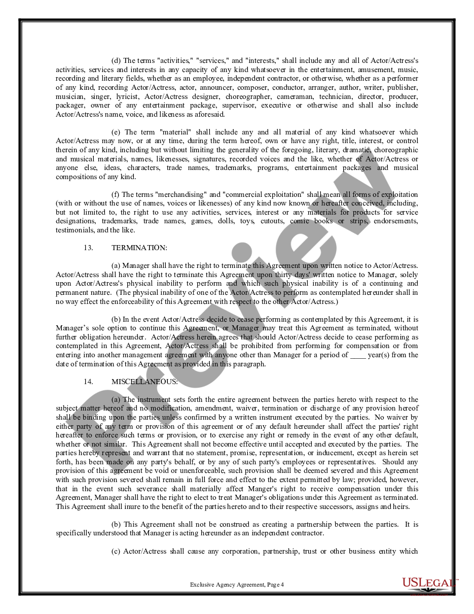 page 3 Exclusive Agency or Agent Agreement - Actor preview