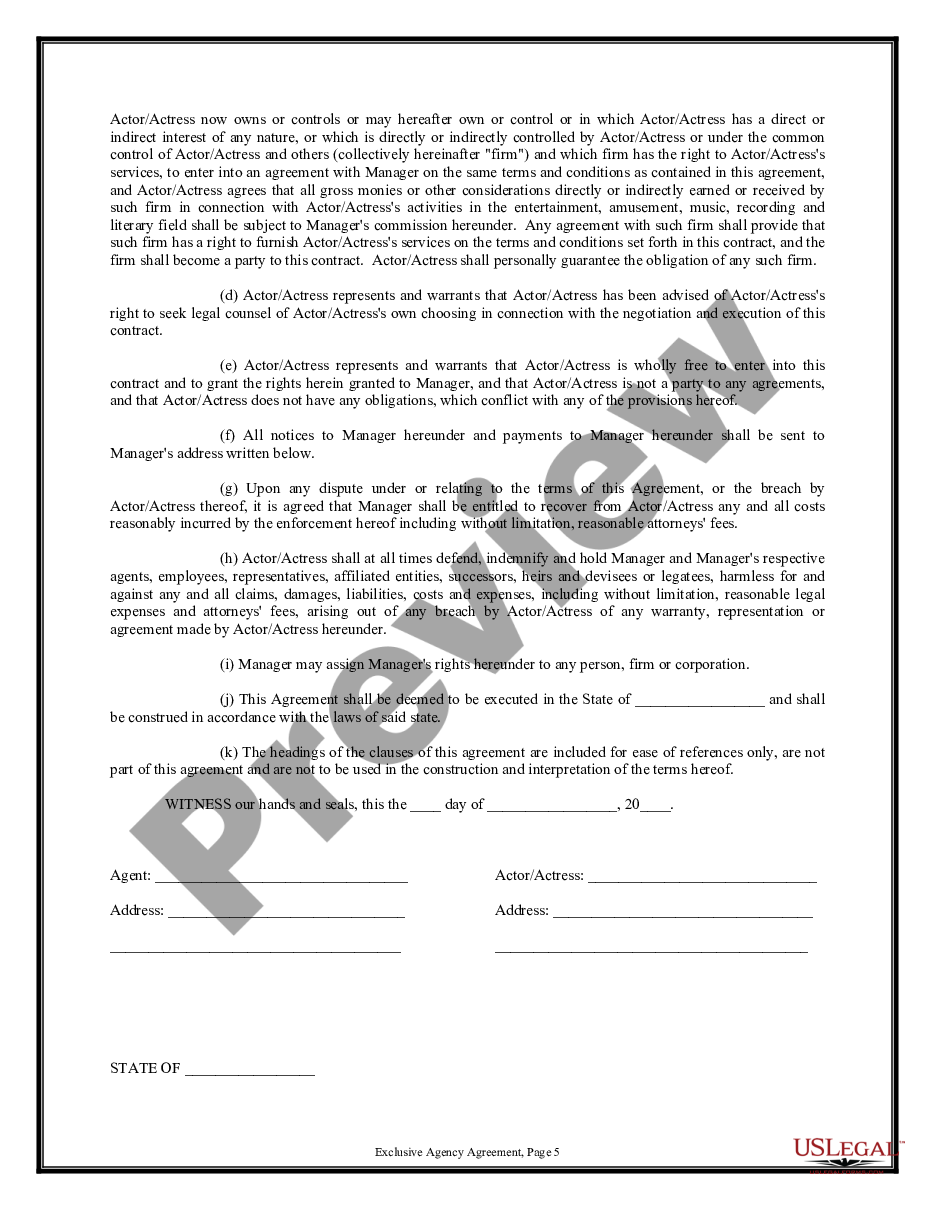 page 4 Exclusive Agency or Agent Agreement - Actor preview