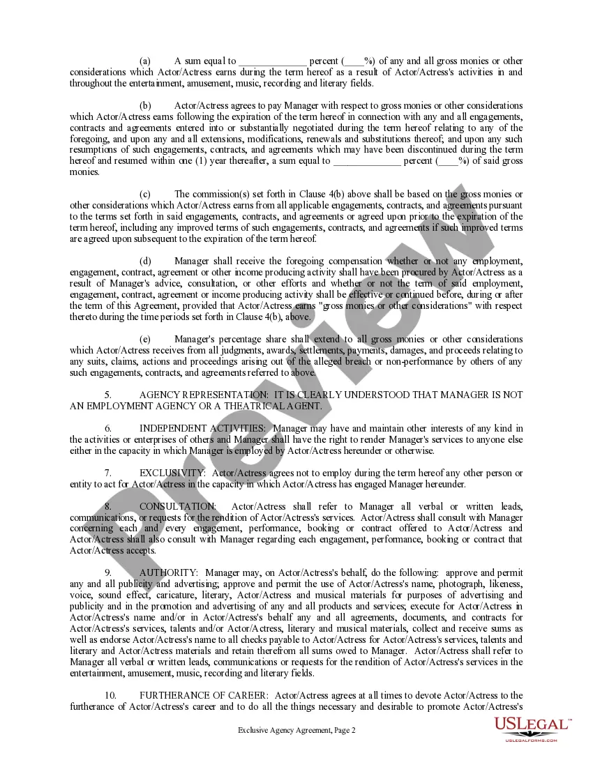 Preview Exclusive Agency or Agent Agreement - Actor
