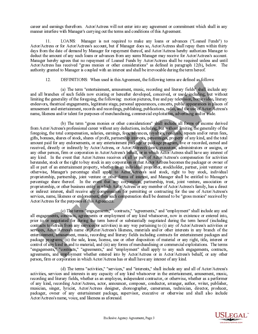 Preview Exclusive Agency or Agent Agreement - Actor