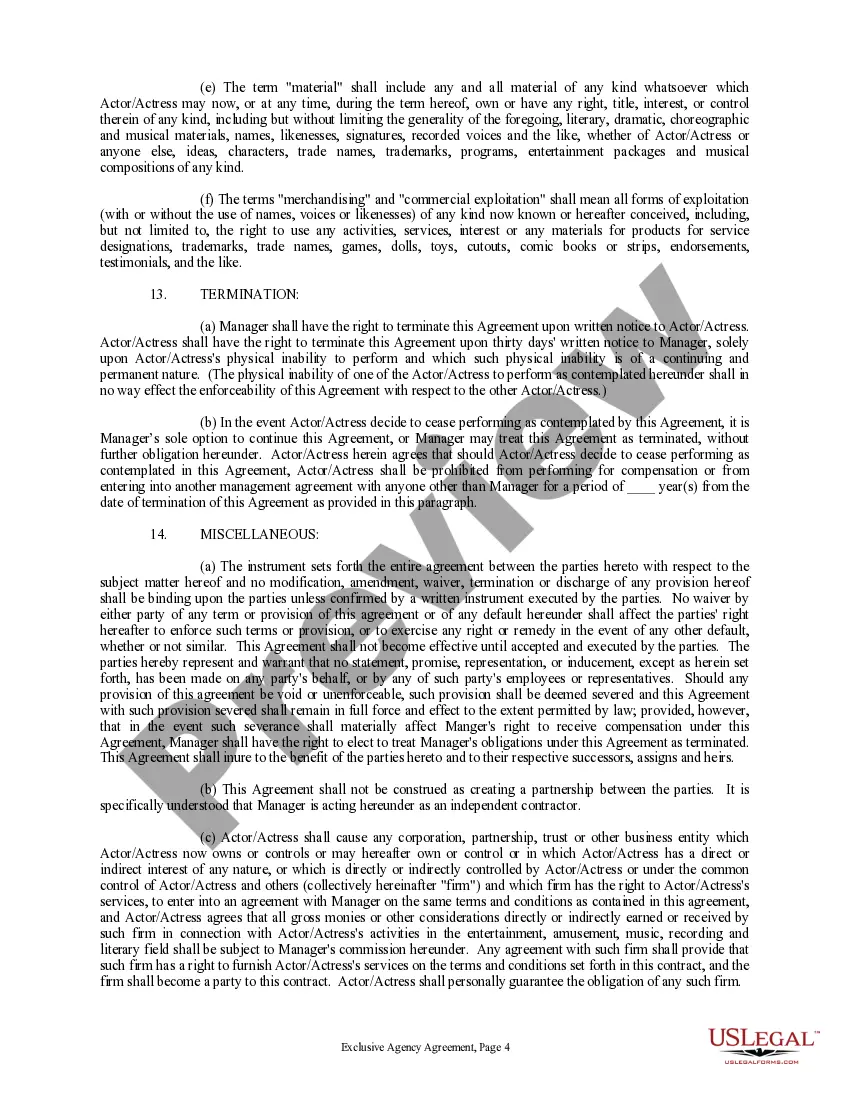 Preview Exclusive Agency or Agent Agreement - Actor