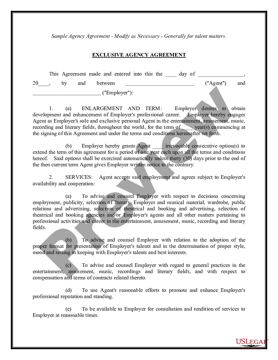page 0 Exclusive Agency or Agent Agreement - General preview