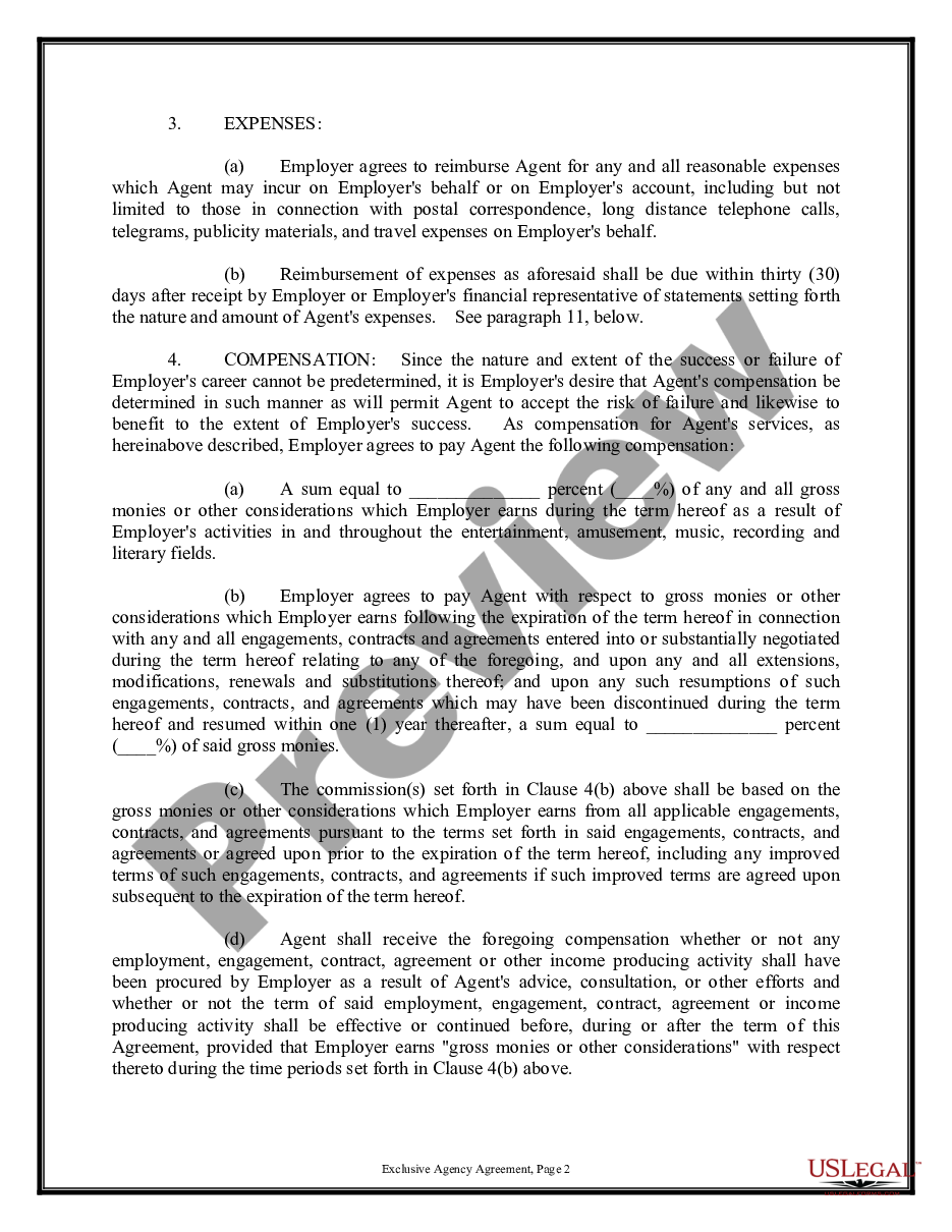 page 1 Exclusive Agency or Agent Agreement - General preview