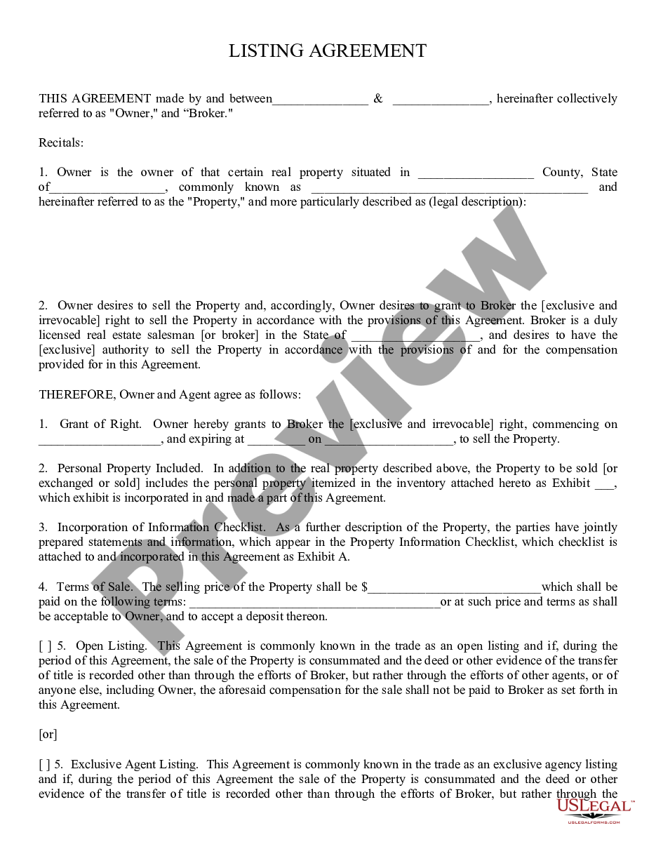 page 0 Exclusive Agency or Agent Agreement - Real Estate - Realtor Contract preview