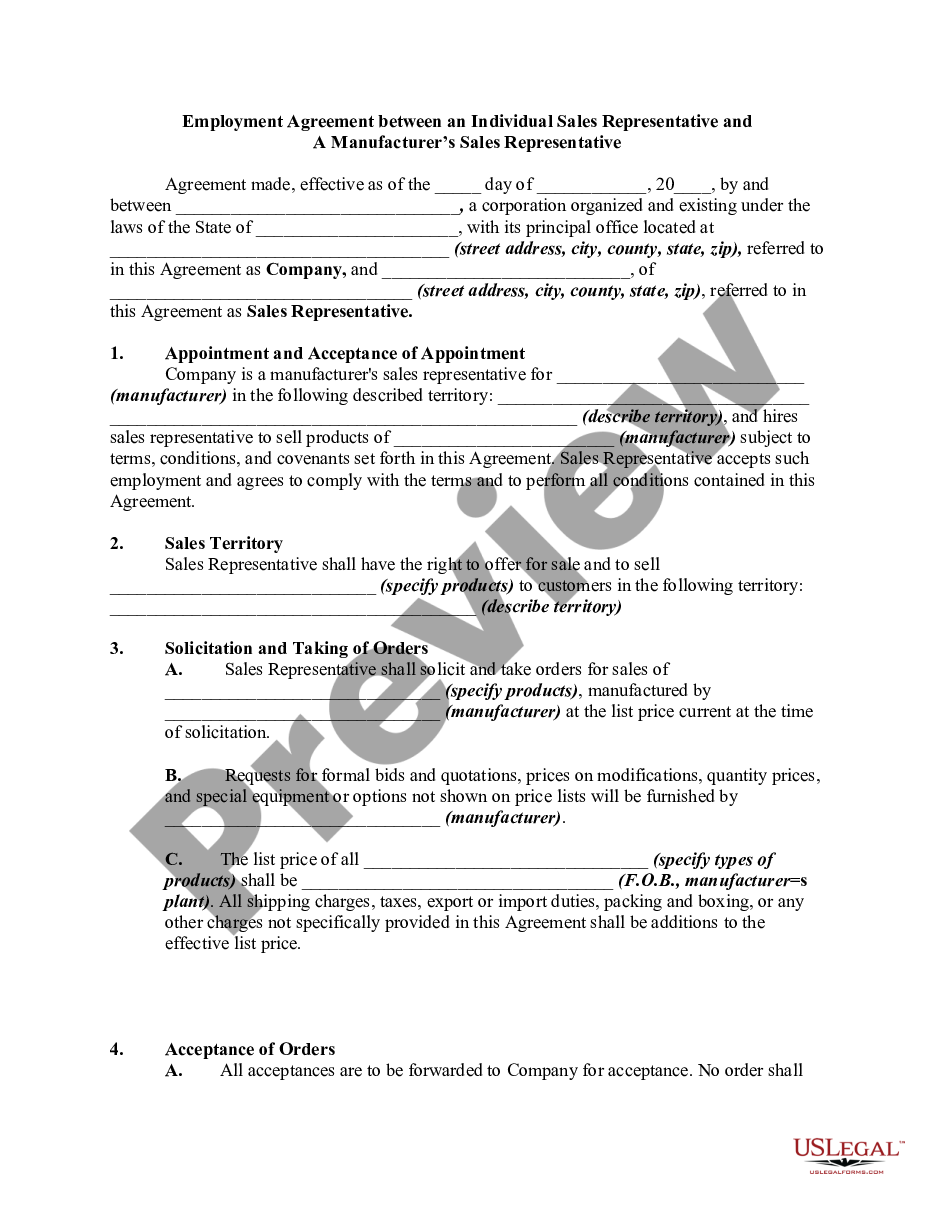 page 0 Employment Agreement between Individual Sales Representative and Manufacturer's Sales Representative preview