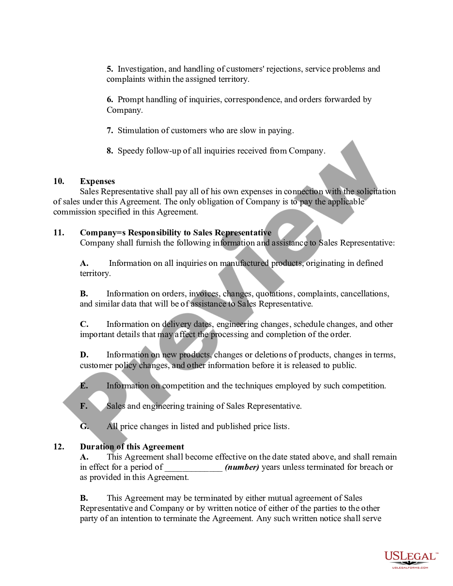 page 3 Employment Agreement between Individual Sales Representative and Manufacturer's Sales Representative preview