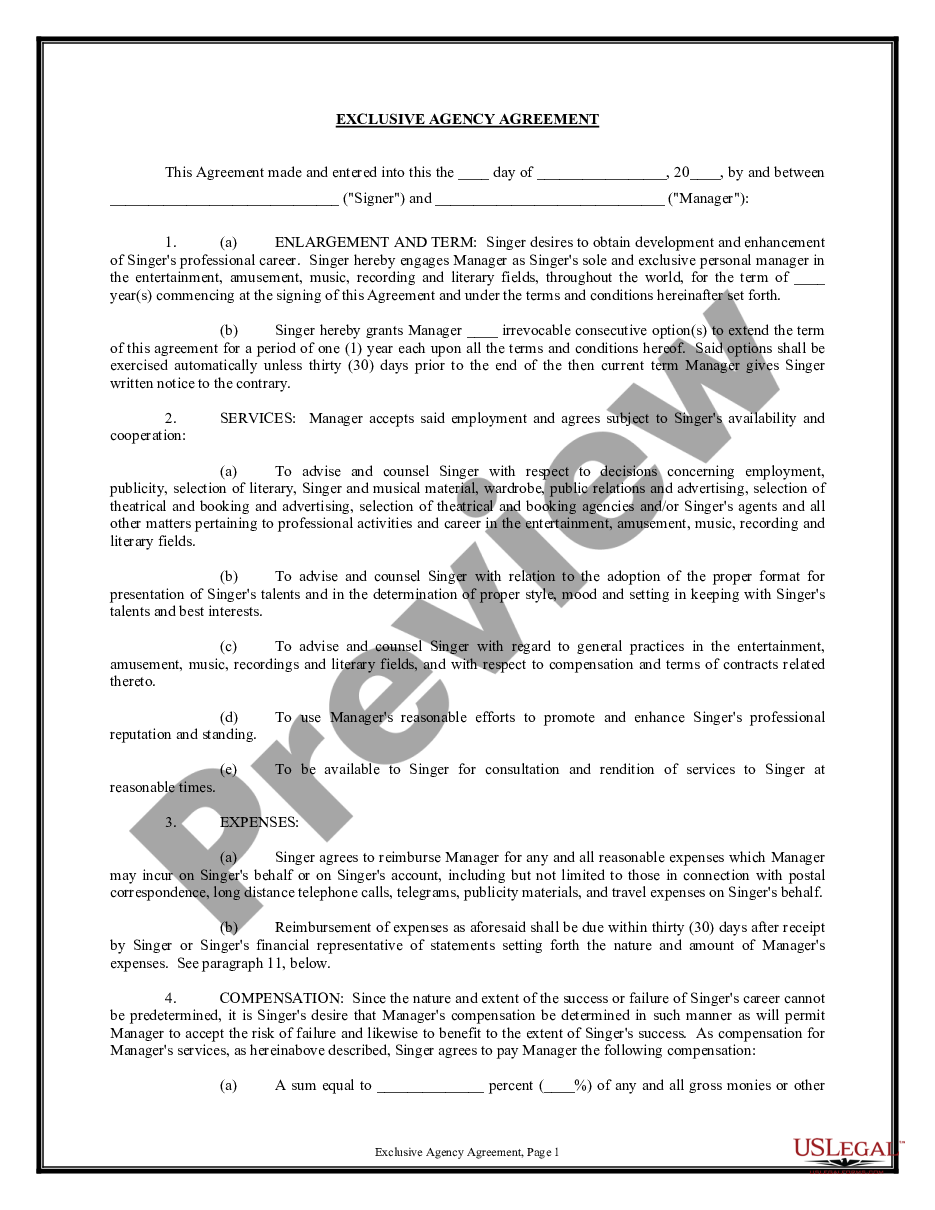 page 0 Exclusive Agency or Agent Agreement - Singer preview